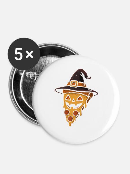 Kürbispizza mit Hexenhut - Buttons groß 56 mm (5er Pack) - Weiß