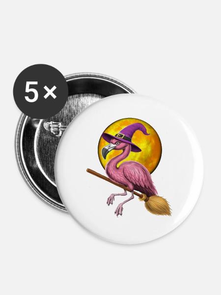Flamingo Hexe Reitbesen - Buttons groß 56 mm (5er Pack) - Weiß