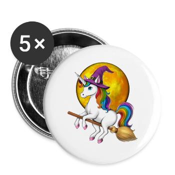 Balai d’équitation de sorcière licorne - Lot de 5 grands badges (56 mm) - blanc - Devant