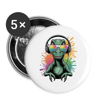 Dino Velociraptor DJ Neon Splash Festival Party - Buttons groß 56 mm (5er Pack) - Weiß - Vorne