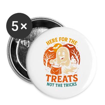 Hier für die Leckereien lustiger Halloween-Spruch - Buttons groß 56 mm (5er Pack) - Weiß - Vorne