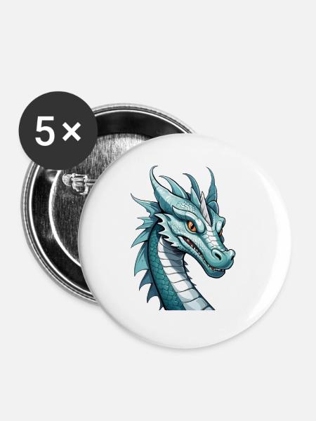 Kobaltdrachen Kopfkunst - Buttons groß 56 mm (5er Pack) - Weiß