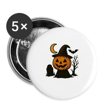 Halloween Kürbis mit Hexenhut - Buttons groß 56 mm (5er Pack) - Weiß - Vorne
