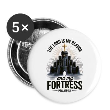 Glaubens T-Shirt mit Burg, Kreuz und Bibelvers - Buttons groß 56 mm (5er Pack) - Weiß - Vorne