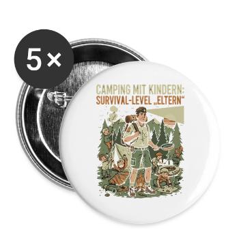 Camping mit Kindern - Survival-Level Eltern - Buttons groß 56 mm (5er Pack) - Weiß - Vorne