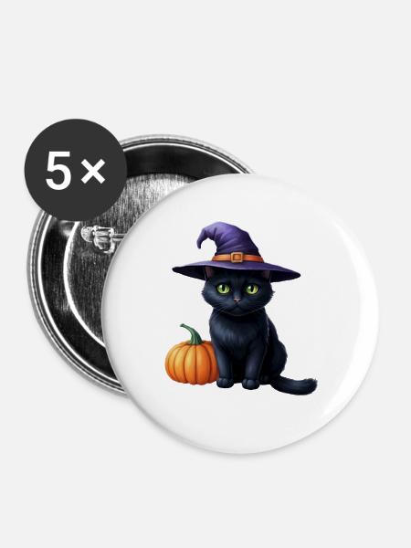 Hexenkatze mit Kürbis - Buttons groß 56 mm (5er Pack) - Weiß