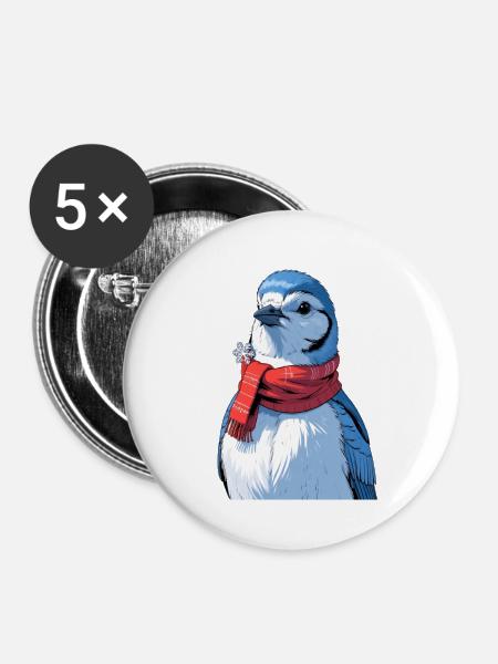 Wintervogel mit rotem Schal - Buttons groß 56 mm (5er Pack) - Weiß