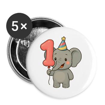 Elefant mit Luftballon zum ersten Geburtstag - Buttons groß 56 mm (5er Pack) - Weiß - Vorne