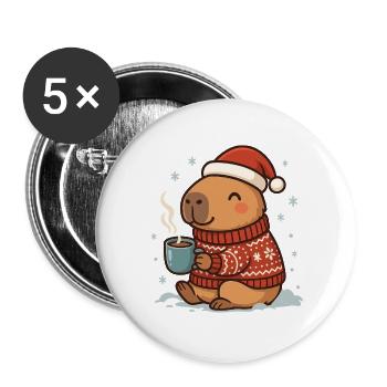 ✨ Cozy Capybara mit Kakao & Weihnachtsmütze - Buttons groß 56 mm (5er Pack) - Weiß - Vorne