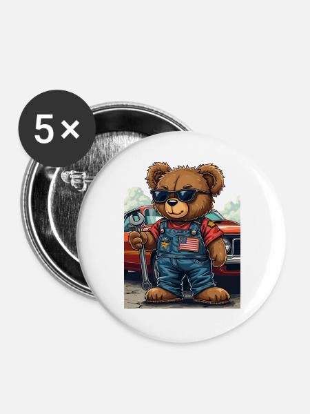 Bärenmechaniker im Musclecar - Buttons groß 56 mm (5er Pack) - Weiß
