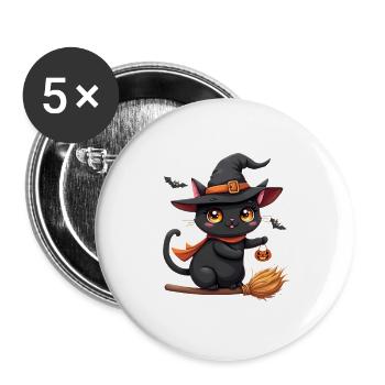 Halloween Katze mit Halloween Kürbis - Buttons groß 56 mm (5er Pack) - Weiß - Vorne