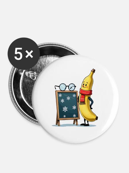 Winterbanane mit Schneeflocken-Tafel - Buttons groß 56 mm (5er Pack) - Weiß