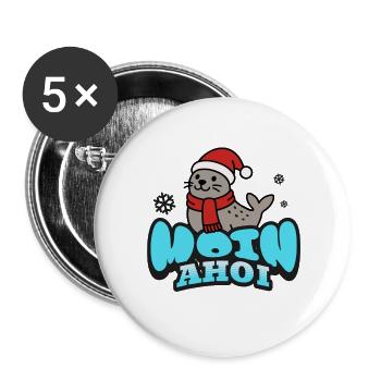 Moin & Ahoi | Seerobbe mit Weihnachtsmütze - Buttons groß 56 mm (5er Pack) - Weiß - Vorne