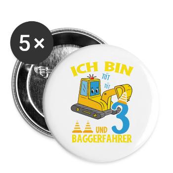 Geburtstag Bagger 3 Jahre Bagger Party Geschenk - Buttons groß 56 mm (5er Pack) - Weiß - Vorne