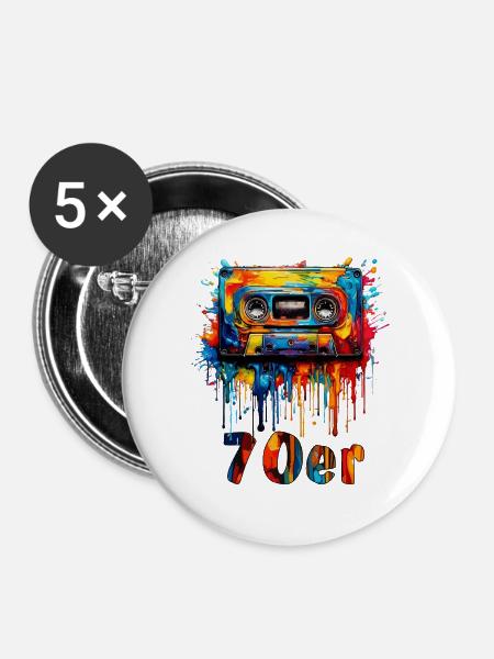 MUSIKKASETTE 70er - Buttons groß 56 mm (5er Pack) - Weiß