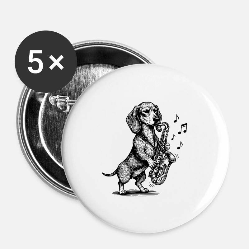 Musik Hund Saxophon Dackel Kunst - Buttons groß 56 mm (5er Pack) - Weiß