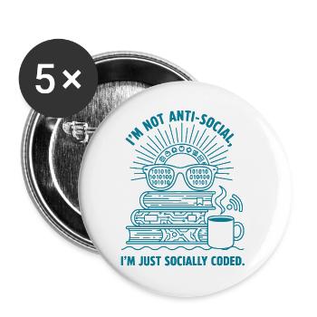 Socially Coded: Books, Coffee & Code - Buttons large 2.2''/56 mm (5-pack) - white - Front