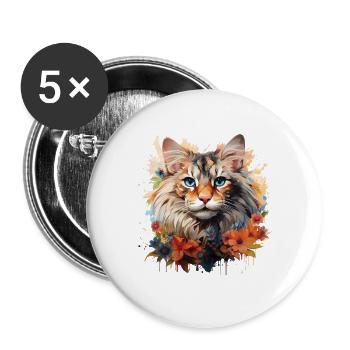 Maine Coon Cat – Art Portrait with Flowers - Buttons large 2.2''/56 mm (5-pack) - white - Front