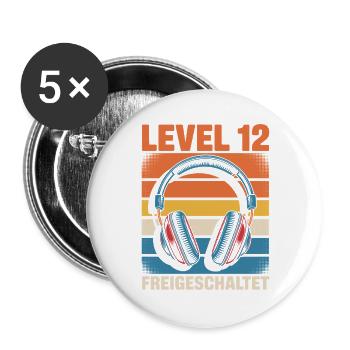 Anniversaire Niveau 12 débloqué - Lot de 5 grands badges (56 mm) - blanc - Devant