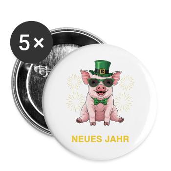 Frohes Neues Jahr Glücksschwein - Buttons groß 56 mm (5er Pack) - Weiß - Vorne