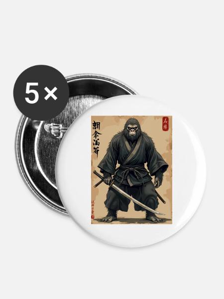 Gorilla Samurai mit Katana - Buttons groß 56 mm (5er Pack) - Weiß