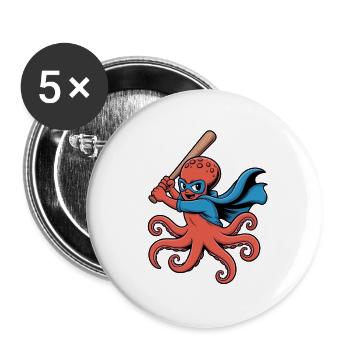 Baseball Oktopus Superheld - Buttons groß 56 mm (5er Pack) - Weiß - Vorne