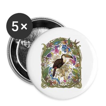 Tropischer Toucan im Blumengarten - Buttons groß 56 mm (5er Pack) - Weiß - Vorne