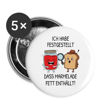 Pot de pain et de fruits détective avec un dicton amusant - Lot de 5 grands badges (56 mm) - blanc - Devant