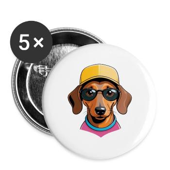 Teckel avec Casquette Lunettes de Soleil Rose - Lot de 5 grands badges (56 mm) - blanc - Devant