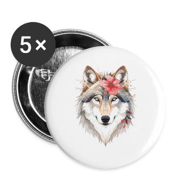 Wolf's head with flower wreath - Buttons large 2.2''/56 mm (5-pack) - white - Front