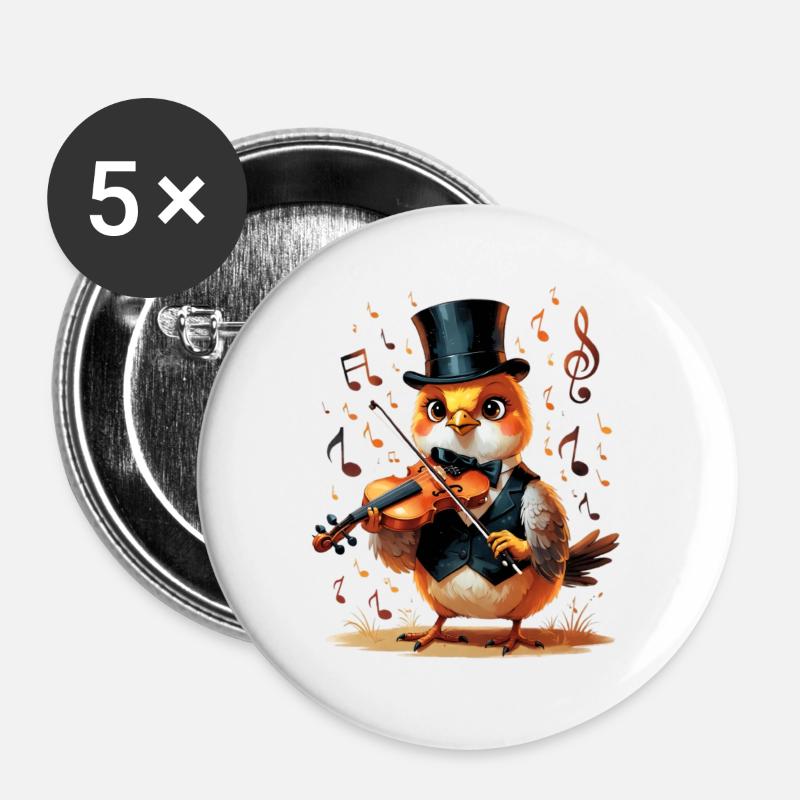 Bird in top hat plays violin - Buttons large 2.2''/56 mm (5-pack) - white