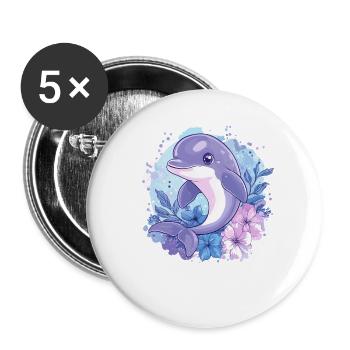 Dolphin in the flower circle - Buttons large 2.2''/56 mm (5-pack) - white - Front