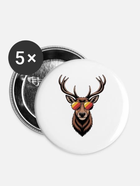 Hirsch mit Geweih und Sonnenbrille - Buttons groß 56 mm (5er Pack) - Weiß