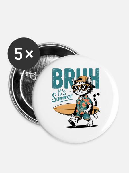 Surfer Katze mit Surfbrett - Buttons groß 56 mm (5er Pack) - Weiß