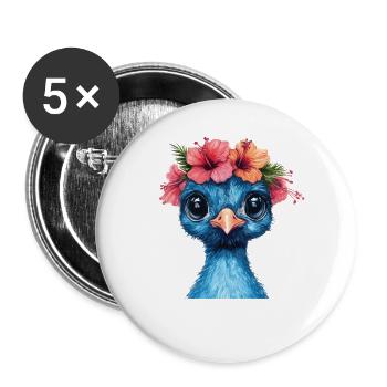 Blauer Vogel mit Hibiskuskrone - Buttons groß 56 mm (5er Pack) - Weiß - Vorne