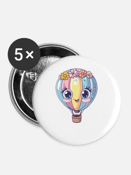 Pastellballon mit Blumenkranz - Buttons groß 56 mm (5er Pack) - Weiß