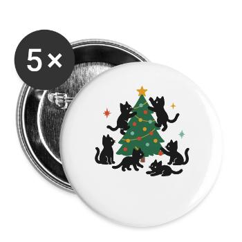 Chats de Noël amusants avec sapin de Noël décoré - Lot de 5 grands badges (56 mm) - blanc - Devant
