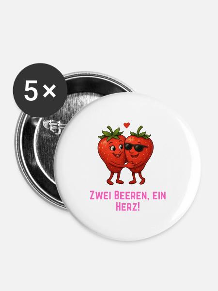 Zwei Beeren ein Herz - Erdbeeren Paar - Buttons groß 56 mm (5er Pack) - Weiß