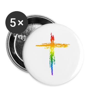 Regenbogen Kreuz  - Buttons groß 56 mm (5er Pack) - Weiß - Vorne