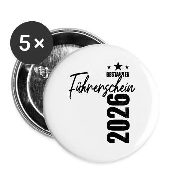 Führerschein bestanden 2026 - Prüfung - Erfolg - Buttons groß 56 mm (5er Pack) - Weiß - Vorne