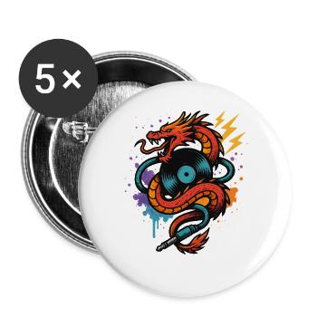 Musik Drache Mit Vinyl Platte Blitz Und Klinke - Buttons groß 56 mm (5er Pack) - Weiß - Vorne