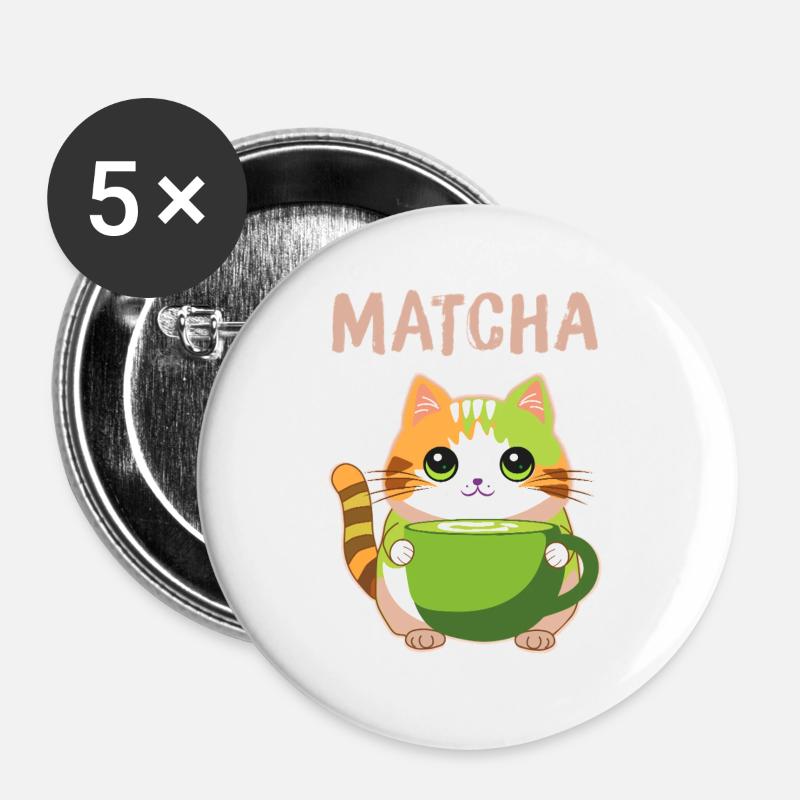 Matcha Katze - Buttons groß 56 mm (5er Pack) - Weiß