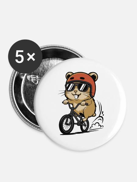 Hamster Rollerbike mit Helm - Buttons groß 56 mm (5er Pack) - Weiß
