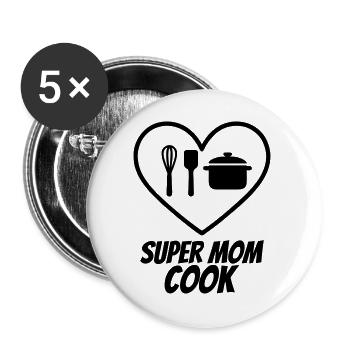 Super Mama Köchin – Herz & Küche  - Buttons groß 56 mm (5er Pack) - Weiß - Vorne