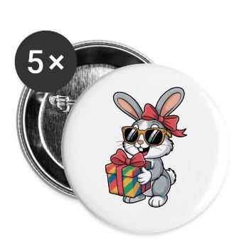 Fröhlicher Hase mit Geschenk - Buttons groß 56 mm (5er Pack) - Weiß - Vorne