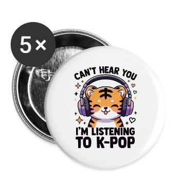 Kawaii K-Pop Tiger with Headphones - Buttons large 2.2''/56 mm (5-pack) - white - Front