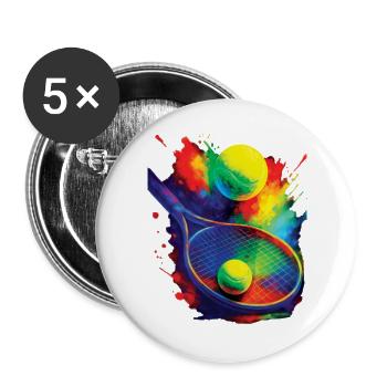 Farbenfrohes Design Sport Tennisschläger und Ball - Buttons groß 56 mm (5er Pack) - Weiß - Vorne