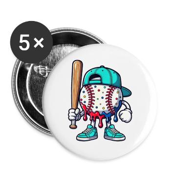 Schmelzendes Baseball-Maskottchen mit Schläger - Buttons groß 56 mm (5er Pack) - Weiß - Vorne