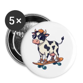 Funny Cow Skating on Skateboard Cartoon Skater - Buttons large 2.2''/56 mm (5-pack) - white - Front