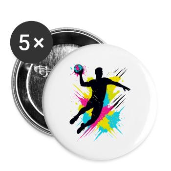Handball Spieler Splash, bunter Sprungwurf, Action - Buttons groß 56 mm (5er Pack) - Weiß - Vorne